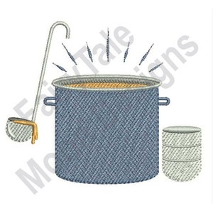 Może przedstawiać: Niebieski garnek z chochlą i małym metalowym pojemnikiem. Garnek jest wypełniony żółtą cieczą i unosi się z niego para.