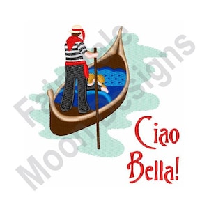 Peut inclure: Un gondolier en rayures rouges et blanches portant un chapeau de paille se tient debout dans une gondole brune avec un intérieur bleu. La gondole flotte sur une eau bleue avec des vagues blanches. Le texte "Ciao Bella!" est écrit en rouge sous la gondole.