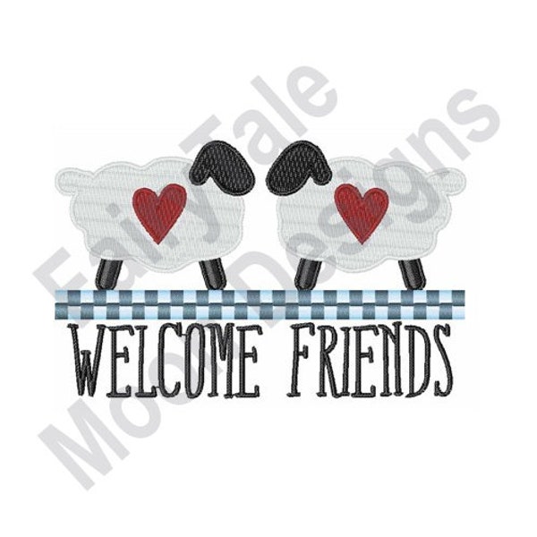 Welcome Friends - Machine Embroidery Design, Primitive Sheep Embroidery Pattern, Facing Folk Art Sheep Embroidery, Country Animals Design