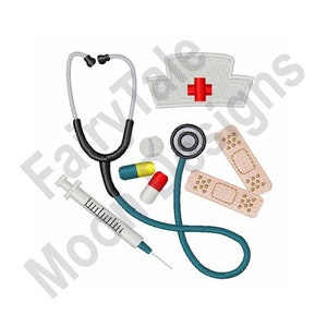 Still Ausstattung - Maschinenstickerei, Stethoskop Stickmuster, Spritze, Pillen, Pflaster & Medizin Design, Nurse Cap Design
