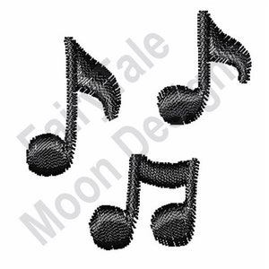 May include: Three black musical notes are arranged in a cluster. The notes are stylized and have a slightly rounded appearance.