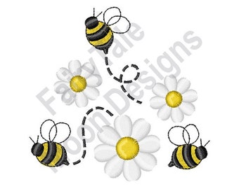 Bumble Bee &  Daisy Flowers - Machine Embroidery Design, Bees and Daisies Embroidery Pattern, Bumblebee Embroidery Design, Spring Daisy