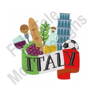 May include: A colorful illustration of Italian culture with a red, white, and green ribbon that says "ITALY". The ribbon is wrapped around a bunch of grapes, a bottle of olive oil, a loaf of bread, a glass of wine, a fork, a soccer ball, and the Leaning Tower of Pisa.