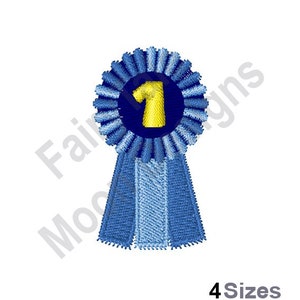 May include: A blue ribbon with a gold number one in the center. The ribbon is tied in a bow and has a white stripe down the center.