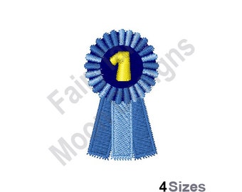 May include: A blue ribbon with a gold number one in the center. The ribbon is tied in a bow and has a white stripe down the center.