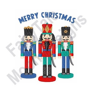 May include: Three toy nutcracker soldiers stand in a row. The soldier on the left wears a blue uniform, the middle soldier wears a red uniform, and the soldier on the right wears a green uniform. The soldiers are all smiling and have white beards. The text "Merry Christmas" is written above the soldiers.
