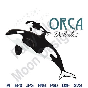 May include: A graphic illustration of two orca whales, one adult and one juvenile, in black and white. The word "ORCA" is in teal above the word "Whales". The design includes bubbles and the text "Fairy Moon Design" and file type abbreviations.