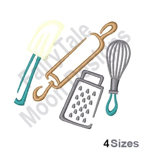May include: A set of four kitchen tools: a wooden rolling pin, a metal grater, a whisk, and a spatula. The tools are drawn in a simple, cartoon style.