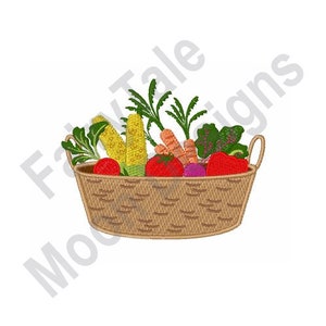 May include: A brown wicker basket filled with a variety of fresh produce, including red tomatoes, corn on the cob, carrots, and a purple beet.