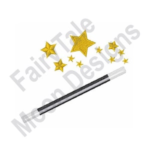May include: A black and white magic wand with a silver tip, surrounded by gold stars. The wand is pointing to the right.