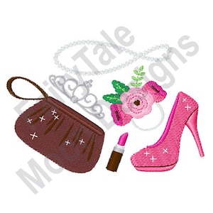 Accesorios de baile de graduación: diseño de bordado a máquina, bolso y tacones altos para baile de graduación, patrón de bordado para fiesta de baile, patrón de corona y collar