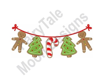 Christmas Cookies Clothesline - Machine Embroidery Design, Christmas Tree Cookie Design, Candy Cane Pattern, Gingerbread Cookie Embroidery