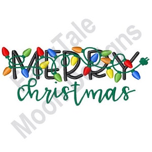 May include: A green "Merry Christmas" text with a string of colorful Christmas lights wrapped around the letters. The lights are red, orange, yellow, green, blue, and purple.
