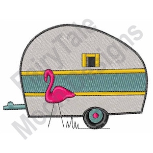 Summer Camper With Flamingo - Travel Trailer Embroidery Pattern, RV Camper Embroidery Design, Camping Flamingo Pattern, Vacation Embroidery