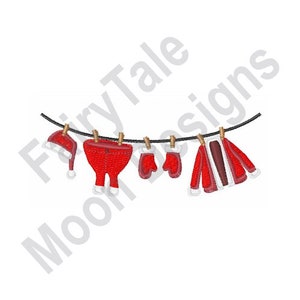 May include: A red Santa suit, including a hat, trousers, gloves, and jacket, is hanging on a clothesline with wooden pegs.