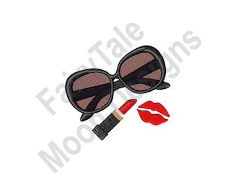 Sunglasses & Lipstick - Machine Embroidery Design, Cosmetics Embroidery Pattern, Women&#39;s Lipstick and Kiss, Fashion Round Sunglasses