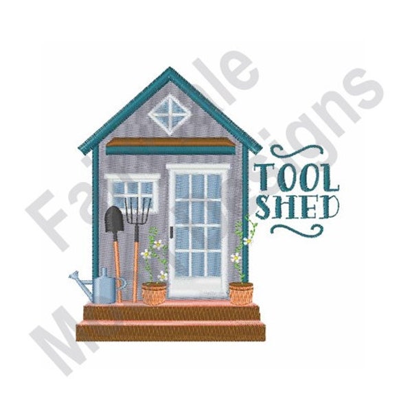 Tool Shed - Machine Embroidery Design, Outdoor Wood Tool Shed Embroidery Pattern, Gradening Spade & Fork Design, Garden Tools Shed Design