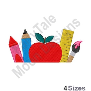 School Supplies Pocket Topper - Machine Embroidery Design, Pocket Topper Embroidery Pattern, Teacher Design, Apple Pencil Ruler Paint Brush