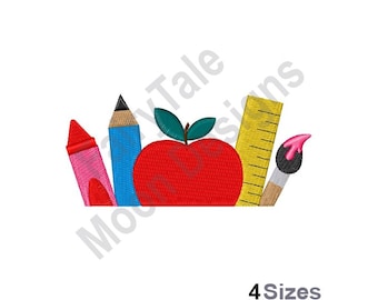 School Supplies Pocket Topper - Machine Embroidery Design, Pocket Topper Embroidery Pattern, Teacher Design, Apple Pencil Ruler Paint Brush