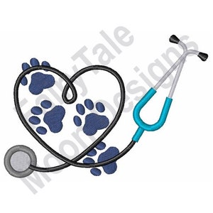 May include: A blue stethoscope in the shape of a heart with paw prints on the tubing.