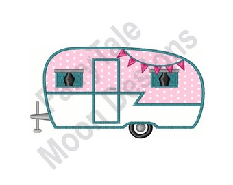 Camper stoffen - machineborduurontwerp, meisjeskampeerfeestje borduurwerk stoffen, RV camper borduurpatroon, feestvarken camper