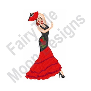 Può includere: Una donna con un abito da flamenco nero e rosso con una rosa rossa sulla gonna, che tiene un ventaglio nero e indossa orecchini.