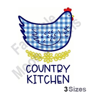 May include: Blue and white gingham chicken with a red comb and a yellow floral wreath below. The text "COUNTRY KITCHEN" is below the wreath.
