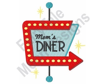 May include: A red and blue retro diner sign with yellow lights. The sign says "Mom's Diner" with an arrow pointing to the right.