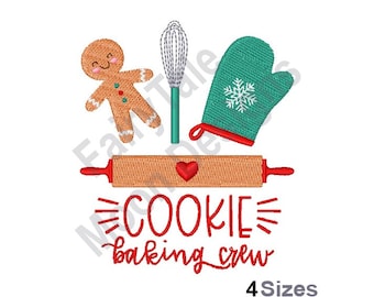 Equipo de repostería de galletas: diseño de bordado a máquina, patrón de bordado de galletas de jengibre navideñas, rodillo, batidor y guantes de horno bordados.