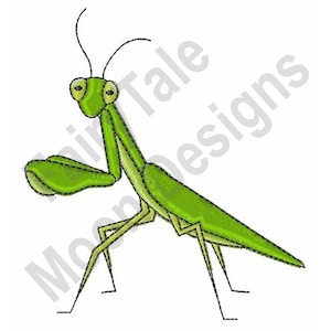 May include: A green embroidered praying mantis design with a cartoon style. The insect has large eyes, long legs, and is posed as if it is standing. The design is on a white background.