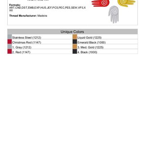 May include: Four embroidered hands in a circle, each with a different color and design. The colors are red, gold, silver, and black. The text "Medicine Wheel Hands" is at the top of the image. The text "Unique Colors" is in the center of the image. The text below "Unique Colors" lists the colors and their corresponding thread numbers.