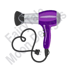 May include: A purple hair dryer with a black cord shaped into a heart. The dryer has a silver nozzle and a black handle.