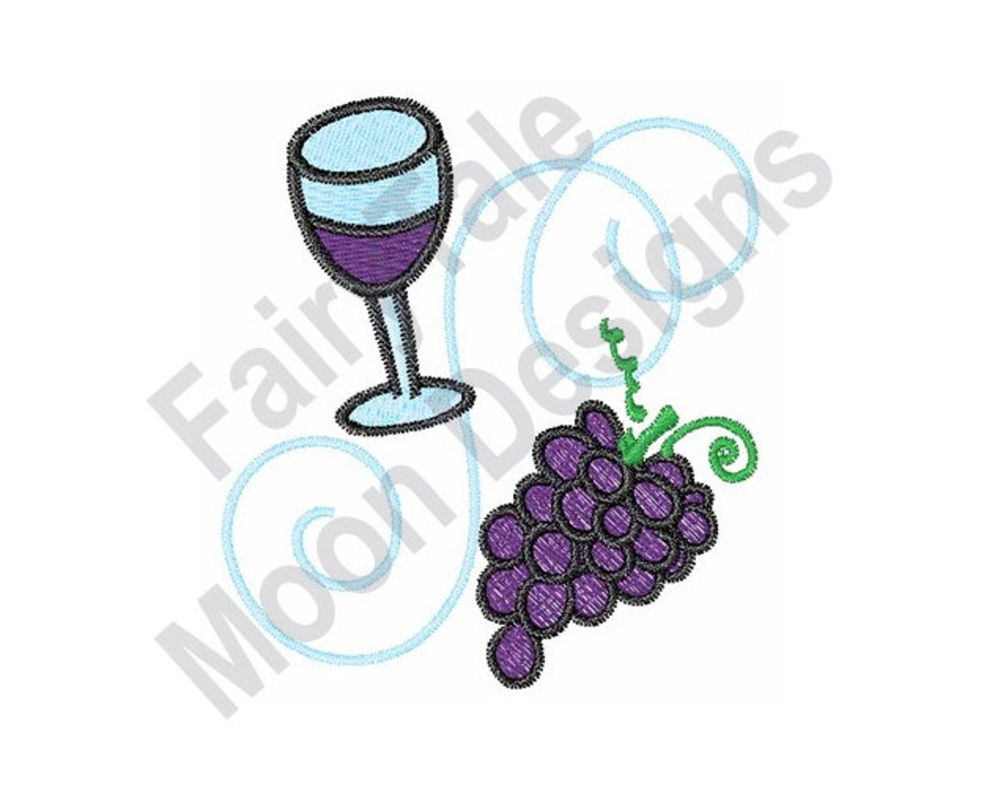 Wine Glass Machine Embroidery Design, Red Grapes Embroidery Pattern