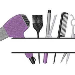 May include: An embroidered design featuring hairstyling tools: a purple and grey hairdryer, a black brush, a curling iron, a comb, and scissors. The design is on a white background, with a horizontal line above and below the tools.