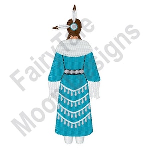 May include: A woman wearing a traditional blue and white dress with white fringe and a white feather headdress.