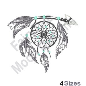 May include: A black and white dreamcatcher with turquoise beads and feathers. The dreamcatcher is attached to an arrow with a black and white design.