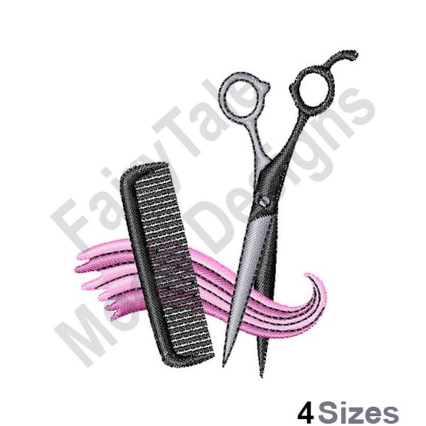 Outils de coiffure - Conception de broderie à la machine, Motif de broderie de coiffeur, Conception d’outils de coiffure, Ciseaux et peigne de coupe de cheveux de salon