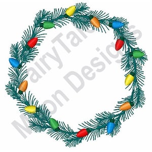 May include: A green wreath with colorful lights. The wreath is made of pine branches and has a variety of colored lights, including red, yellow, blue, and green.