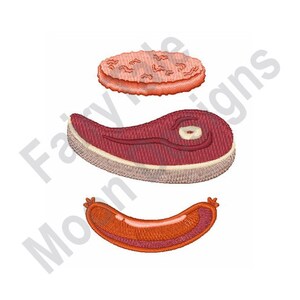May include: A set of three embroidered meat products: a round patty, a steak, and a sausage. The patty is brown, the steak is red, and the sausage is orange.