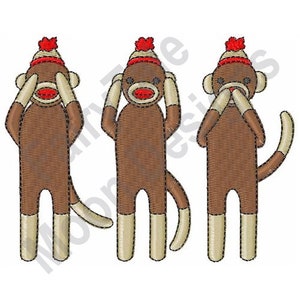 Three Wise Monkeys - Machine Embroidery Design, See No Evil, Hear No Evil, Speak No Evil Embroidery Pattern, Sock Monkey Friends Embroidery