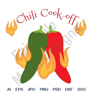 Chili Cook-Off - Svg, Dxf, Eps, Png, Jpg, Vector Art, Clipart, Cut File, Hot Chili Peppers Svg, Flaming Chili Peppers, Red & Green Peppers