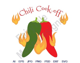 Chili Cook-Off - Svg, Dxf, Eps, Png, Jpg, Vector Art, Clipart, Cut File, Hot Chili Peppers Svg, Flaming Chili Peppers, Red & Green Peppers