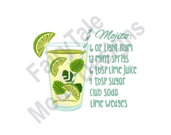 Mojito Recipe - Machine Embroidery Design, Mojito Glass Embroidery Pattern, Mojito Drink Embroidery Design, Cocktail Drink Recipe Embroidery