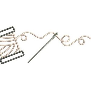 May include: An illustration of a beige thread spool with a black outline, a grey needle, and beige thread. The thread extends from the spool and curves in loops, suggesting sewing.