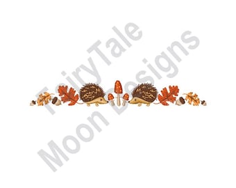 Bordado de otoño con erizo: diseño de bordado a máquina, patrón de borde de hojas otoñales, diseño de hojas otoñales, bordado de hojas de roble, bellotas y hongos.