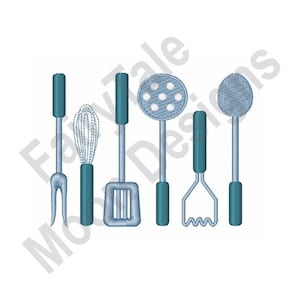 Cooking Utensils - Machine Embroidery Design, Kitchen Tools Embroidery Pattern, Fork, Whisk, Spatula, Strainer, Masher, Spoon Embroidery