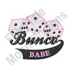 May include: Black and white dice with pink outlines and the text "Bunco Babe" on a black banner.