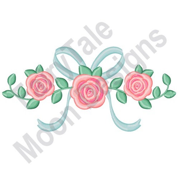 Rose Border - Machine Embroidery Design, Rose & Bow Floral Decoration Embroidery Pattern, Wedding Flowers Embroidery Design