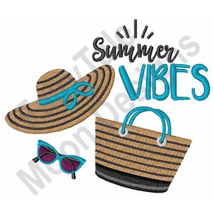 Vibras de verano: diseño de bordado a máquina, patrón de bordado para accesorios de playa para mujer, diseño de bordado para sombrero de paja, bolso de playa y gafas de sol.