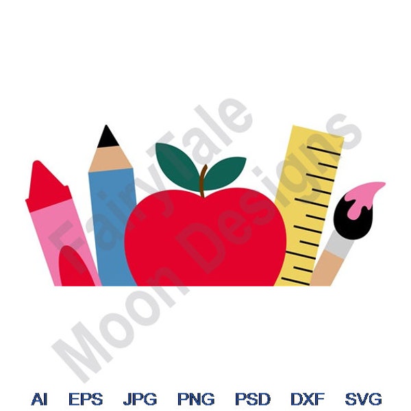 School Supplies - Svg, Dxf, Eps, Png, Jpg, Vector Art, Clipart, Cut File, Pocket Topper Svg, Teachers Apple, Pencil Ruler, Paint Brush Svg